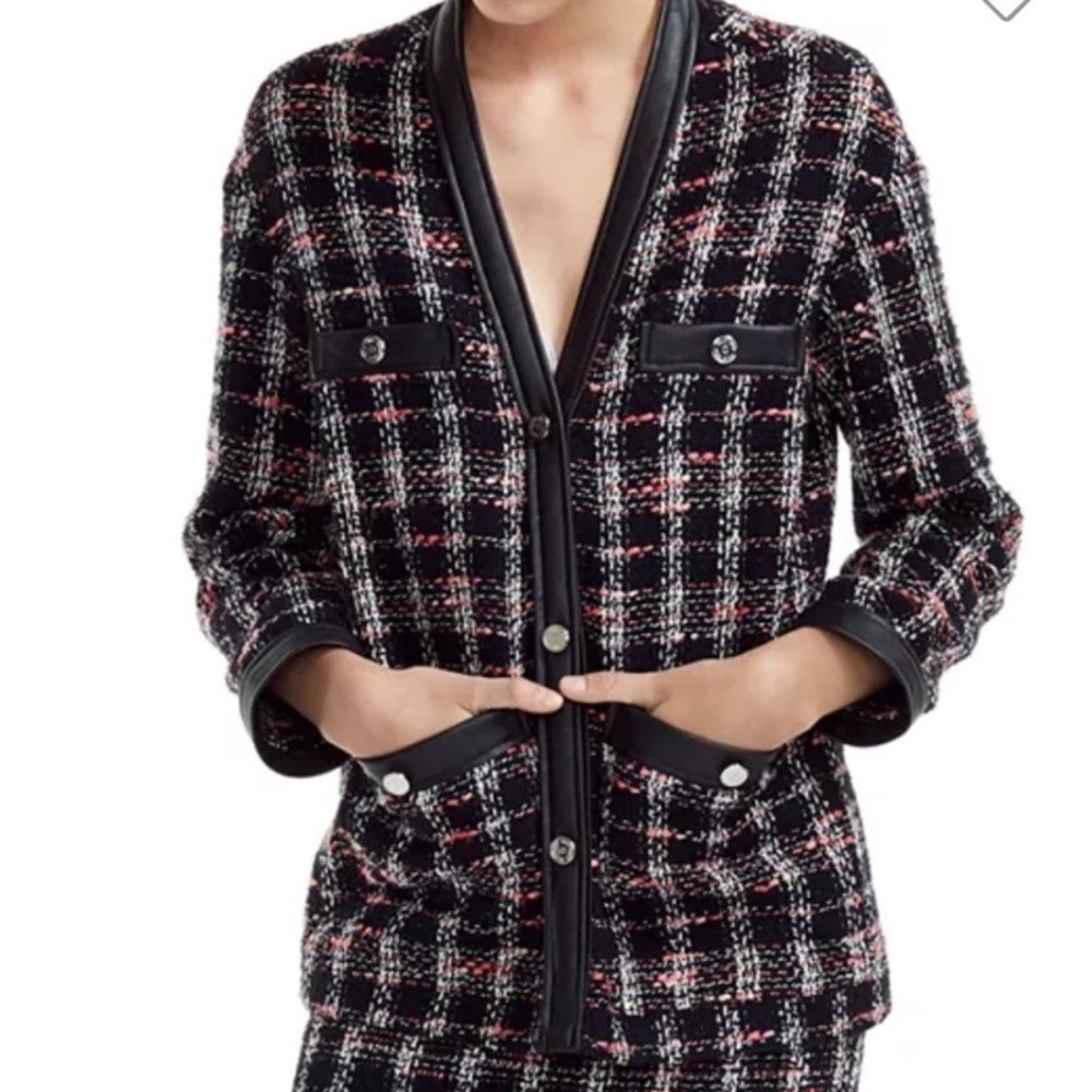 Maje Visidio Tweed Blazer Black Plaid Cardigan Jacket Size Large / 42